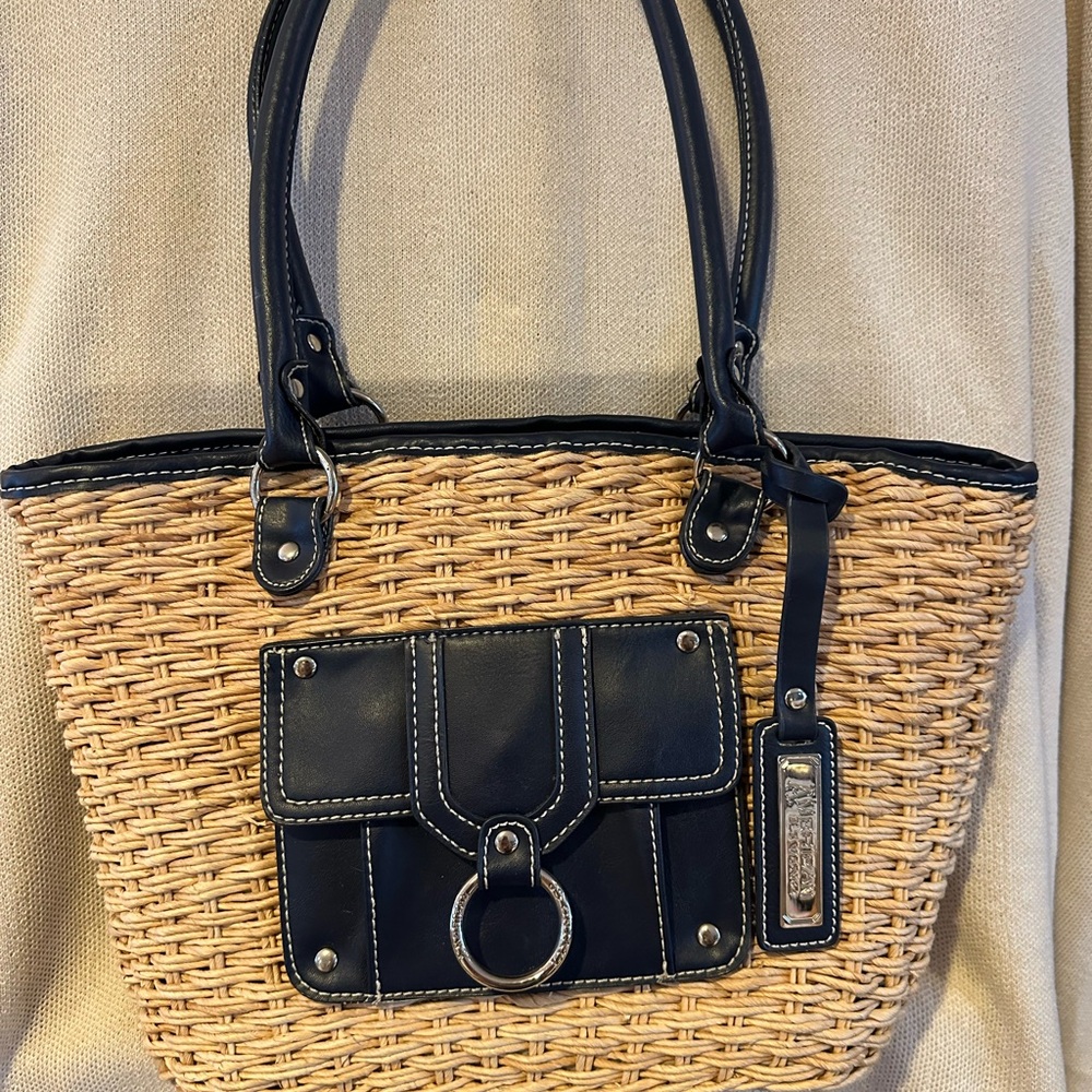 Navy and Tan Woven Straw Bag